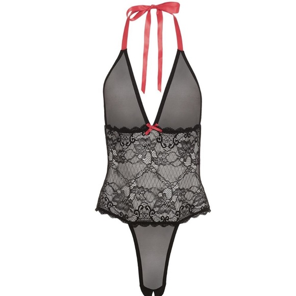 In Box Red and Black Plunge Lace Mesh Teddy Bodysuit Lingerie Sexy Halter Top - Picture 3 of 7